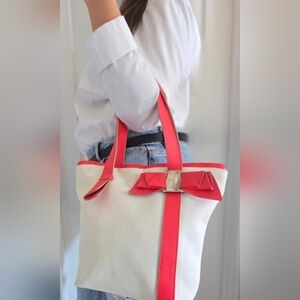 Authentic SALVATORE FERRAGAMO Vara‎ Ribbon Red  Canvas Tote Shoulder Bag